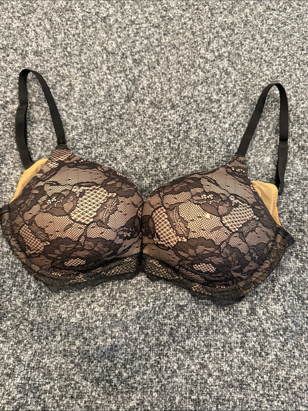 Victoria's Secret Black Lace Over Nude Tulle Push-Up Bra